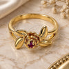 Anillo Elegante 5.172.021.09 Oro Laminado, Diseño de Flor y Oja, con Zirconia Cubica Fucsia, Pulido, Tono Dorado (Tamaño 9)