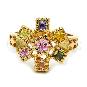 Anillo Multi Piedra 5.172.010.09 Oro Laminado, Diseño de Flor, con Multicolor Zirconia Cubica, Pulido, Tono Dorado (Size 9)