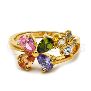 Anillo Multi Piedra 5.172.011.08 Oro Laminado, Diseño de Flor y Mariposa, con Multicolor and Blanca Zirconia Cubica, Pulido, Tono Dorado (Size 8)