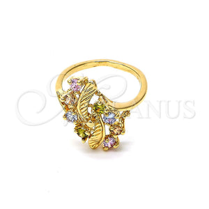 Anillo Multi Piedra 5.172.018.09 Oro Laminado, Diseño de Cluster y Oja, con Multicolor Zirconia Cubica, Diamantado, Tono Dorado (Size 9)