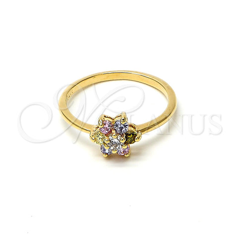 Anillo Multi Piedra 5.172.022.09 Oro Laminado, Diseño de Flor y Cluster, con Multicolor Zirconia Cubica, Pulido, Tono Dorado (Size 9)