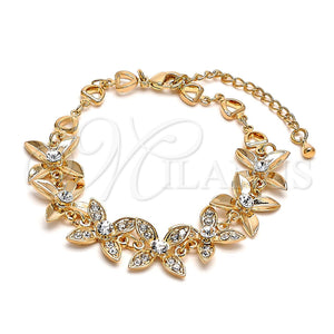 Pulsera Elegante 03.171.0052.07 Oro Laminado, Diseño de Flor y Corazón, con Blanca Cristal, Pulido, Tono Dorado (12 MM Thickness, 7 Inches Length)