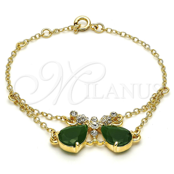 Pulsera Elegante 03.91.0066.07 Oro Laminado, Diseño de Mariposa y Rolo, con Verde Zirconia Cubica and Blanca Cristal, Pulido, Tono Dorado (0.35 Gauge, 17 MM Thickness, 7 Inches Length)