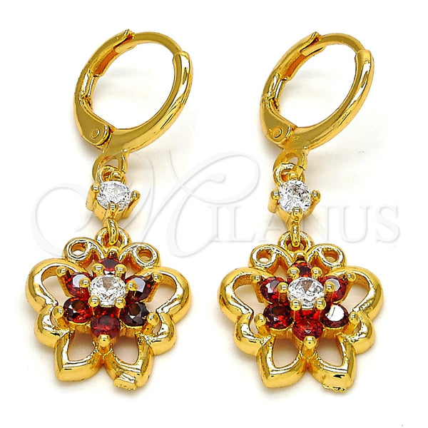 Arete Largo 02.206.0029 Oro Laminado, Diseño de Mariposa y Flor, con Granate and Blanca Zirconia Cubica, Pulido, Tono Dorado