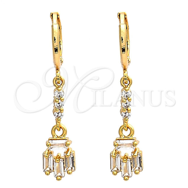 Arete Largo 02.205.0035 Oro Laminado, Diseño de Baguette, con Blanca Zirconia Cubica, Pulido, Tono Dorado