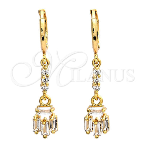 Arete Largo 02.205.0035 Oro Laminado, Diseño de Baguette, con Blanca Zirconia Cubica, Pulido, Tono Dorado