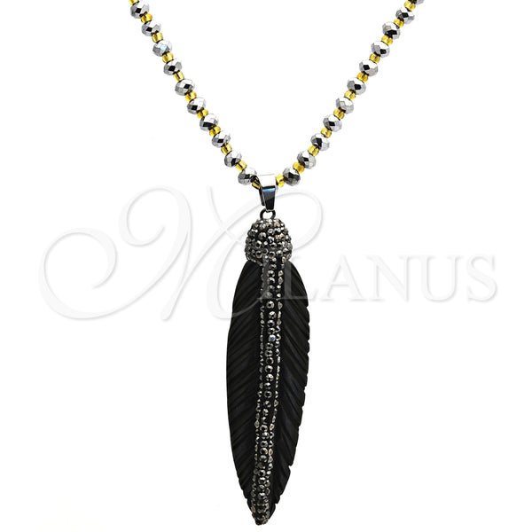 Collares con Dije 04.232.0001.1.31 Acero Inoxidable, Diseño de Oja, con Cristal Negro, Pulido, Tono Plateado (Grosor 04 MM, 31 Pulgadas de Largo)