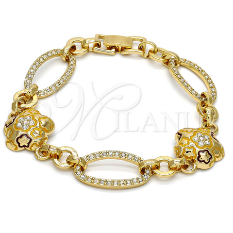 Pulsera Elegante 03.59.0069.08 Oro Laminado, Diseño de Flor y Estrella, con Blanca Cristal, Esmaltado Multicolor, Tono Dorado (17 MM Thickness, 8 Inches Length)