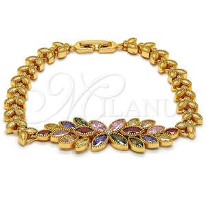 Pulsera Elegante 03.206.0017.3.07 Oro Laminado, Diseño de Flor y Oja, con Multicolor Zirconia Cubica, Pulido, Tono Dorado (07 MM Thickness, 7 Inches Length)
