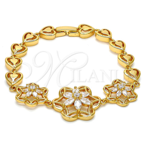 Pulsera Elegante 03.206.0038.07 Oro Laminado, Diseño de Flor y Corazón, con Blanca Zirconia Cubica, Pulido, Tono Dorado (08 MM Thickness, 7 Inches Length)