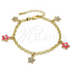 Pulsera de Dije 03.63.1367.07 Oro Laminado, Diseño de Estrella y Rolo, con Blanca Cristal, Esmaltado Rosado, Tono Dorado (04 MM Thickness, 7 Inches Length)