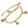 Pulsera de Dije 03.63.1367.07 Oro Laminado, Diseño de Estrella y Rolo, con Blanca Cristal, Esmaltado Rosado, Tono Dorado (04 MM Thickness, 7 Inches Length)