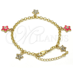 Pulsera de Dije 03.63.1367.07 Oro Laminado, Diseño de Estrella y Rolo, con Blanca Cristal, Esmaltado Rosado, Tono Dorado (04 MM Thickness, 7 Inches Length)