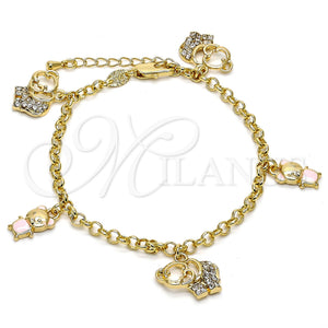 Pulsera de Dije 03.63.1366.07 Oro Laminado, Diseño de Elefante y Osito, con Blanca Cristal, Esmaltado, Tono Dorado (04 MM Thickness, 7 Inches Length)