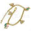 Pulsera de Dije 03.63.1365.07 Oro Laminado, Diseño de Elefante y Pescado, con Blanca Cristal, Esmaltado Multicolor, Tono Dorado (04 MM Thickness, 7 Inches Length)