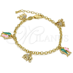 Pulsera de Dije 03.63.1365.07 Oro Laminado, Diseño de Elefante y Pescado, con Blanca Cristal, Esmaltado Multicolor, Tono Dorado (04 MM Thickness, 7 Inches Length)
