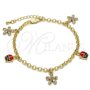 Pulsera de Dije 03.63.1364.07 Oro Laminado, Diseño de Flor y Mariquita, con Blanca Cristal, Esmaltado Multicolor, Tono Dorado (04 MM Thickness, 7 Inches Length)
