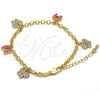Pulsera de Dije 03.63.1363.07 Oro Laminado, Diseño de Mariposa y Rolo, con Blanca Cristal, Esmaltado Rosado, Tono Dorado (04 MM Thickness, 7 Inches Length)