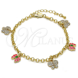 Pulsera de Dije 03.63.1363.07 Oro Laminado, Diseño de Mariposa y Rolo, con Blanca Cristal, Esmaltado Rosado, Tono Dorado (04 MM Thickness, 7 Inches Length)