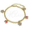 Pulsera de Dije 03.63.1363.07 Oro Laminado, Diseño de Mariposa y Rolo, con Blanca Cristal, Esmaltado Rosado, Tono Dorado (04 MM Thickness, 7 Inches Length)