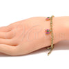 Pulsera de Dije 03.63.1362.07 Oro Laminado, Diseño de Mariposa y Rolo, Esmaltado Rosado, Tono Dorado (04 MM Thickness, 7 Inches Length)