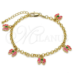 Pulsera de Dije 03.63.1362.07 Oro Laminado, Diseño de Mariposa y Rolo, Esmaltado Rosado, Tono Dorado (04 MM Thickness, 7 Inches Length)