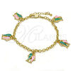 Pulsera de Dije 03.63.1360.07 Oro Laminado, Diseño de Pescado y Rolo, Esmaltado Multicolor, Tono Dorado (04 MM Thickness, 7 Inches Length)
