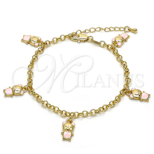 Pulsera de Dije 03.63.1359.07 Oro Laminado, Diseño de Osito y Rolo, Esmaltado Rosado, Tono Dorado (04 MM Thickness, 7 Inches Length)