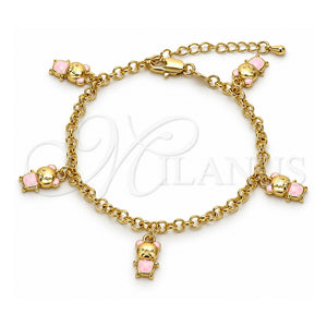 Pulsera de Dije 03.63.1359.07 Oro Laminado, Diseño de Osito y Rolo, Esmaltado Rosado, Tono Dorado (Grosor 04 MM, 7 Pulgadas de Largo)
