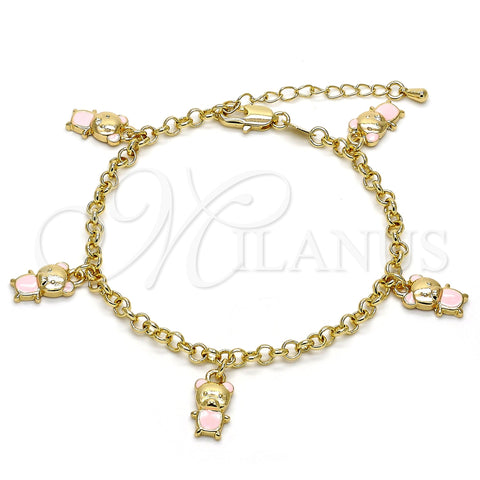 Pulsera de Dije 03.63.1359.07 Oro Laminado, Diseño de Osito y Rolo, Esmaltado Rosado, Tono Dorado (04 MM Thickness, 7 Inches Length)