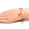Pulsera de Dije 03.63.1358.07 Oro Laminado, Diseño de Estrella y Rolo, con Blanca Cristal, Esmaltado Rosado, Tono Dorado (04 MM Thickness, 7 Inches Length)