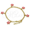 Pulsera de Dije 03.63.1358.07 Oro Laminado, Diseño de Estrella y Rolo, con Blanca Cristal, Esmaltado Rosado, Tono Dorado (04 MM Thickness, 7 Inches Length)