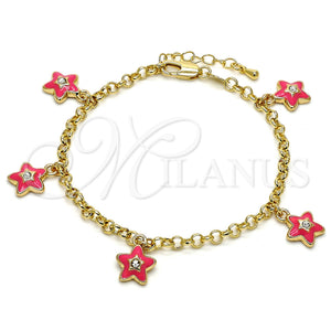 Pulsera de Dije 03.63.1358.07 Oro Laminado, Diseño de Estrella y Rolo, con Blanca Cristal, Esmaltado Rosado, Tono Dorado (04 MM Thickness, 7 Inches Length)