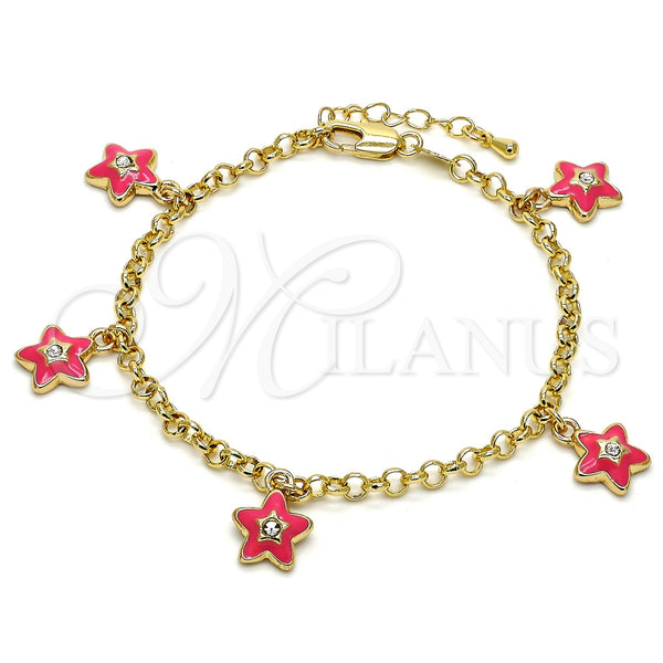 Pulsera de Dije 03.63.1358.07 Oro Laminado, Diseño de Estrella y Rolo, con Blanca Cristal, Esmaltado Rosado, Tono Dorado (04 MM Thickness, 7 Inches Length)
