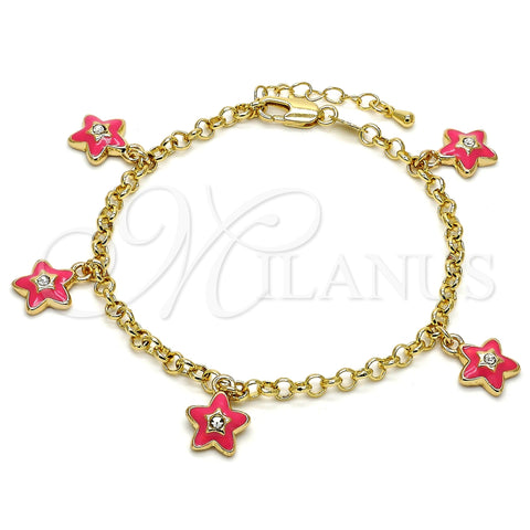Pulsera de Dije 03.63.1358.07 Oro Laminado, Diseño de Estrella y Rolo, con Blanca Cristal, Esmaltado Rosado, Tono Dorado (04 MM Thickness, 7 Inches Length)
