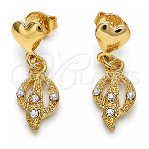 Arete Colgante 02.63.2489 Oro Laminado, Diseño de Corazón, con Blanca Cristal, Pulido, Tono Dorado