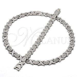 Collar y Pulsera 06.231.0003 Acero Inoxidable, Diseño de Besos y Abrazos y Oja, Pulido, Tono Plateado