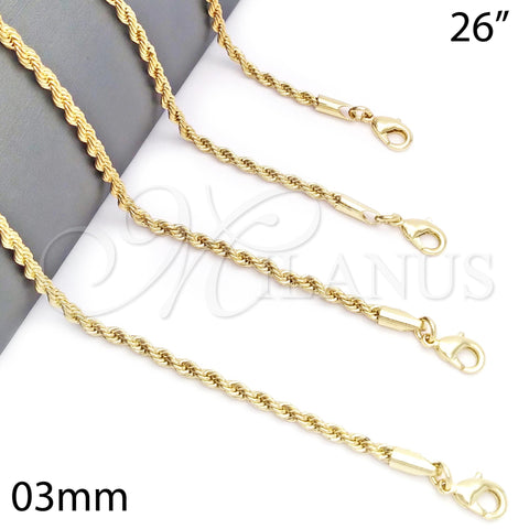 Gargantilla Basica 5.222.035.26 Oro Laminado, Diseño de Rope, Pulido, Tono Dorado (03 MM Thickness, 26 Inches Length)