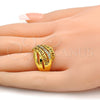 Anillo Multi Piedra 01.118.0036.09 Oro Laminado, Diseño de Llave Griega, con Cristal Blanca, Pulido, Tono Dorado (Tamaño 9)