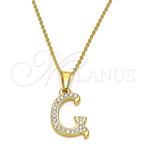 Collares con Dije 04.238.0006.18 Acero Inoxidable, Diseño de Iniciales y Rolo, con Blanca Cristal, Pulido, Tono Dorado (02 MM Thickness, 18 Inches Length)