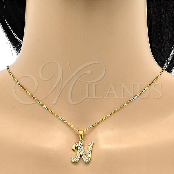 Collares con Dije 04.238.0012.18 Acero Inoxidable, Diseño de Iniciales y Rolo, con Blanca Cristal, Pulido, Tono Dorado (02 MM Thickness, 18 Inches Length)