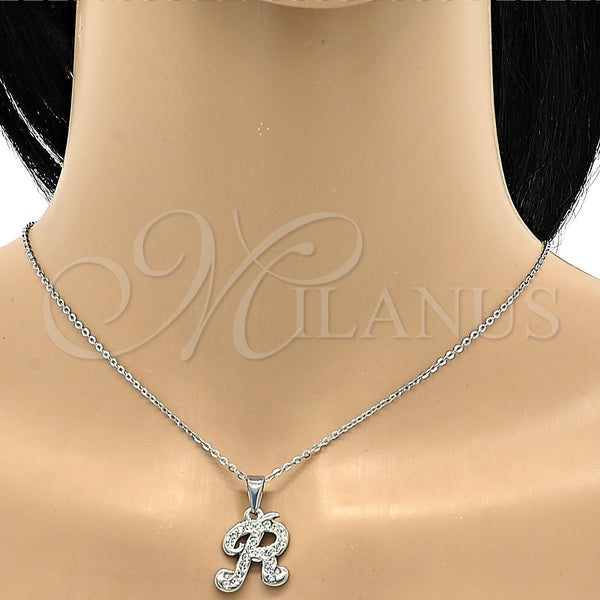 Collares con Dije 04.238.0013.1.18 Acero Inoxidable, Diseño de Iniciales y Rolo, con Blanca Cristal, Pulido, Tono Plateado (02 MM Thickness, 18 Inches Length)
