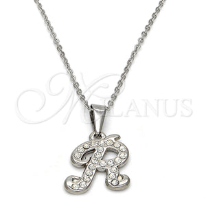 Collares con Dije 04.238.0013.1.18 Acero Inoxidable, Diseño de Iniciales y Rolo, con Blanca Cristal, Pulido, Tono Plateado (02 MM Thickness, 18 Inches Length)