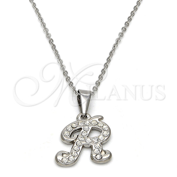 Collares con Dije 04.238.0013.1.18 Acero Inoxidable, Diseño de Iniciales y Rolo, con Blanca Cristal, Pulido, Tono Plateado (02 MM Thickness, 18 Inches Length)