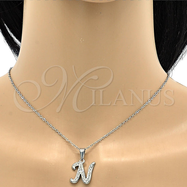 Collares con Dije 04.238.0012.1.18 Acero Inoxidable, Diseño de Iniciales y Rolo, con Blanca Cristal, Pulido, Tono Plateado (02 MM Thickness, 18 Inches Length)