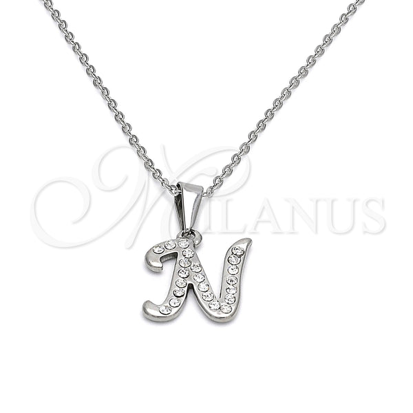 Collares con Dije 04.238.0012.1.18 Acero Inoxidable, Diseño de Iniciales y Rolo, con Blanca Cristal, Pulido, Tono Plateado (02 MM Thickness, 18 Inches Length)