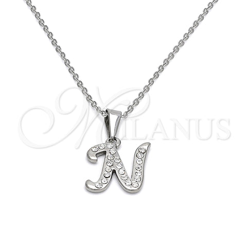 Collares con Dije 04.238.0012.1.18 Acero Inoxidable, Diseño de Iniciales y Rolo, con Blanca Cristal, Pulido, Tono Plateado (02 MM Thickness, 18 Inches Length)