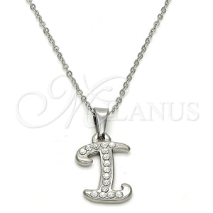 Collares con Dije 04.238.0008.1.18 Acero Inoxidable, Diseño de Iniciales y Rolo, con Blanca Cristal, Pulido, Tono Plateado (02 MM Thickness, 18 Inches Length)