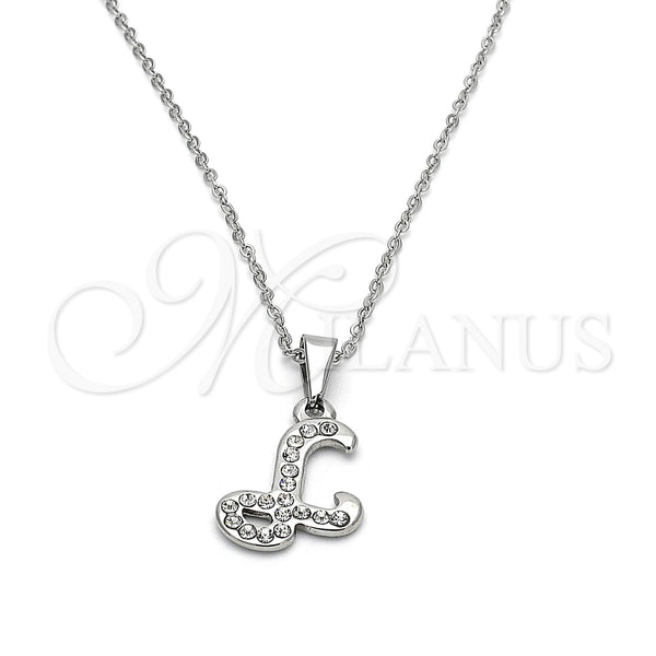 Collares con Dije 04.238.0010.1.18 Acero Inoxidable, Diseño de Iniciales y Rolo, con Blanca Cristal, Pulido, Tono Plateado (02 MM Thickness, 18 Inches Length)