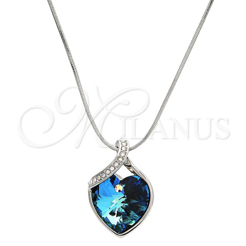 Collares con Dije 04.239.0006.16 Rodio Laminado, Diseño de Corazón, con Swarovski Elements Bermuda Blue y Micro Pave Blanca, Pulido, Rodinado (Grosor 01 MM, 16 Pulgadas de Largo)